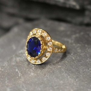 Sapphire Ring, Created Sapphire, Gold Victorian Ring, Blue Diamond Ring, Gold Sapphire Ring, Gold Vintage Ring, Royal Blue Ring, Blue Ring