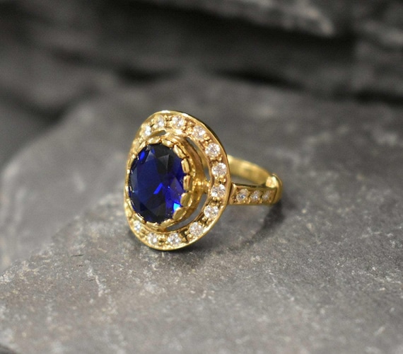 Sapphire Ring, Created Sapphire, Gold Victorian Ring, Blue Diamond Ring, Gold Sapphire Ring, Gold Vintage Ring, Royal Blue Ring, Blue Ring