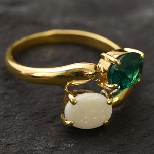 Gold Bypass Ring, Natural Opal Ring, Created Emerald, Gold Plated Ring, October Birthstone, Two Stone Ring, Asymmetric Ring, Vermeil Ring image 10