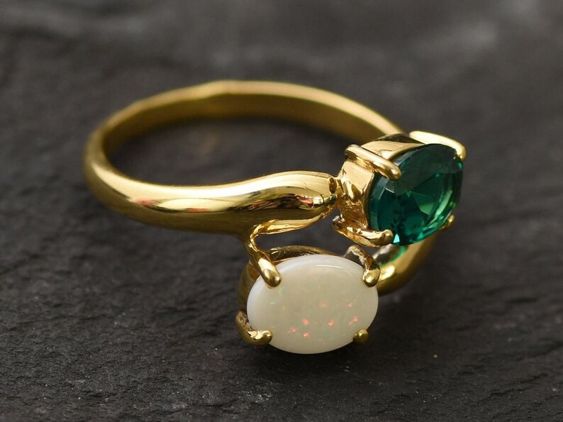 Gold Bypass Ring, Natural Opal Ring, Created Emerald, Gold Plated Ring, October Birthstone, Two Stone Ring, Asymmetric Ring, Vermeil Ring image 10