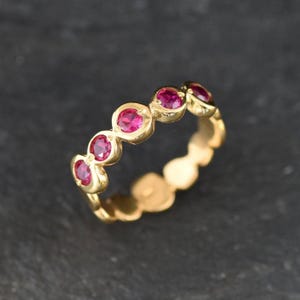 Gold Ruby Ring, Created Ruby, Gold Bubble Band, Ruby Vintage Ring, Red Boho Ring, Gold Plated Ring, Pink Ruby Ring, Bohemian Band, Vermeil