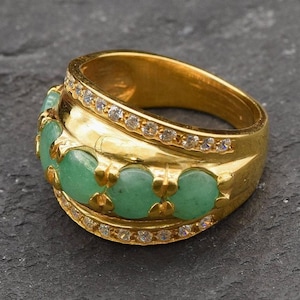 Anello in oro e smeraldo, anello in oro massiccio, anello in smeraldo naturale, anello largo in oro, anello importante in oro, fascia a cupola, anello in oro con zirconi cubici, cupola in oro, vermeil
