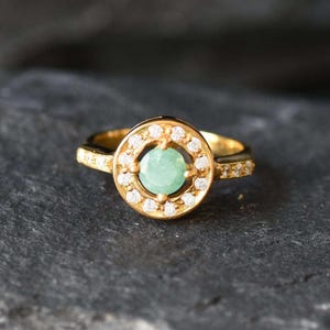 Gold Emerald Ring, Natural Emerald, Cluster Ring, Dainty Green Ring, Gold Plated Ring, May Birthstone, Round Ring, Halo Ring, Gold Vermeil