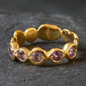 Gold Amethyst Ring, Natural Amethyst, February Birthstone, Gold Bubble Band, Gold Vintage Ring, Boho Ring, Gold Plated Ring, Vermeil Ring