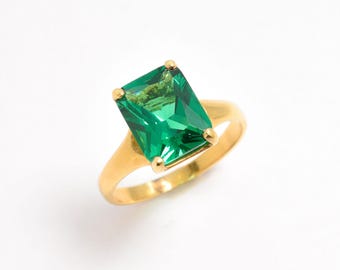 Gold Emerald Ring, Created Emerald, Antique Ring, Green Square Ring, Radiant Ring, Gold Vintage Ring, Gold Plated Ring, Gold Vermeil Ring