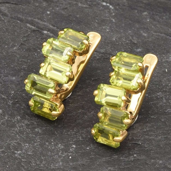 Gold Peridot Earrings, Baguette Earrings, Natural Peridot, Emerald Cut Earrings, Half Hoops, August Birthstone, Green Earrings, Gold Vermeil