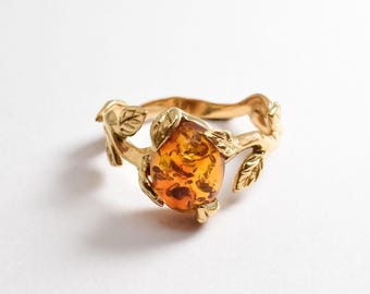 Gold Amber Ring, Natural Amber, Gold Leaf Ring, Branch Ring, Vintage Ring, Gold Plated Ring, Amber Ring, Proposal Ring, Gold Vermeil Ring