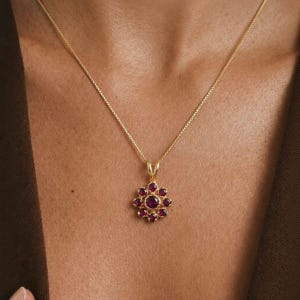 Ruby Flower Pendant, Genuine Ruby Necklace, Gold Ruby Pendant, Red Flower Necklace, July Birthstone, Vintage Daisy Pendant, Gold By Adina