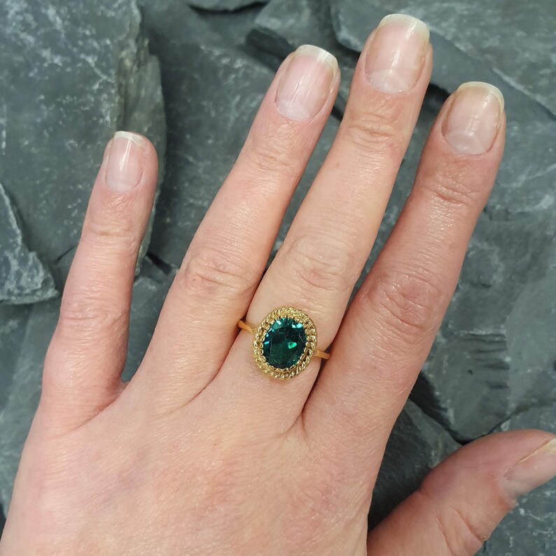 Gold Emerald Ring, Created Emerald, Antique Ring, Gold Plated Ring, Green Vintage Ring, Oval Ring, Gold Vermeil Ring, Green Emerald Ring image 8