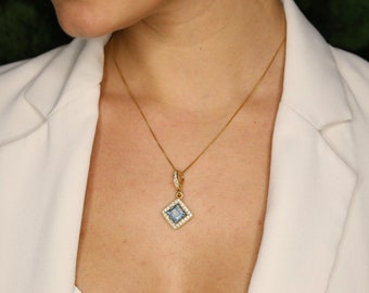 Gold Blue Topaz Pendant, Natural Blue Topaz Pendant, Square Pendant, December Birthstone, Vintage Pendant, Handmade Pendant, Classy Necklace