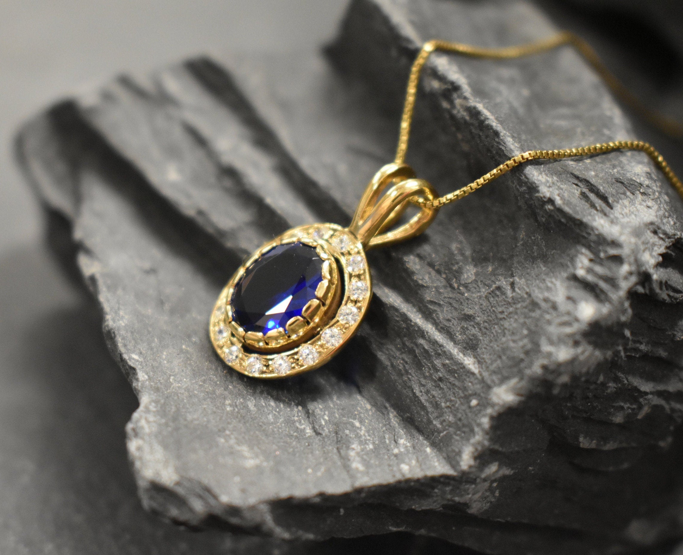 Gold Sapphire Pendant Created Sapphire Antique Pendant | Etsy