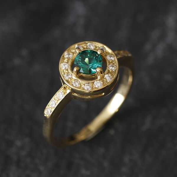 Gold Emerald Ring, Created Emerald, Gold Green Ring, Gold Vintage Ring, Green Diamond Ring, Gold Ring, Solitaire Ring, Silver Ring, Emerald