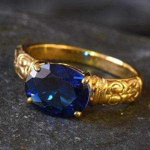 Gold Sapphire Ring, Created Blue Sapphire, Horizontal Ring, Tribal Ring, Vintage Ring, Blue Diamond Ring, Gold Plated Ring, Gold Vermeil