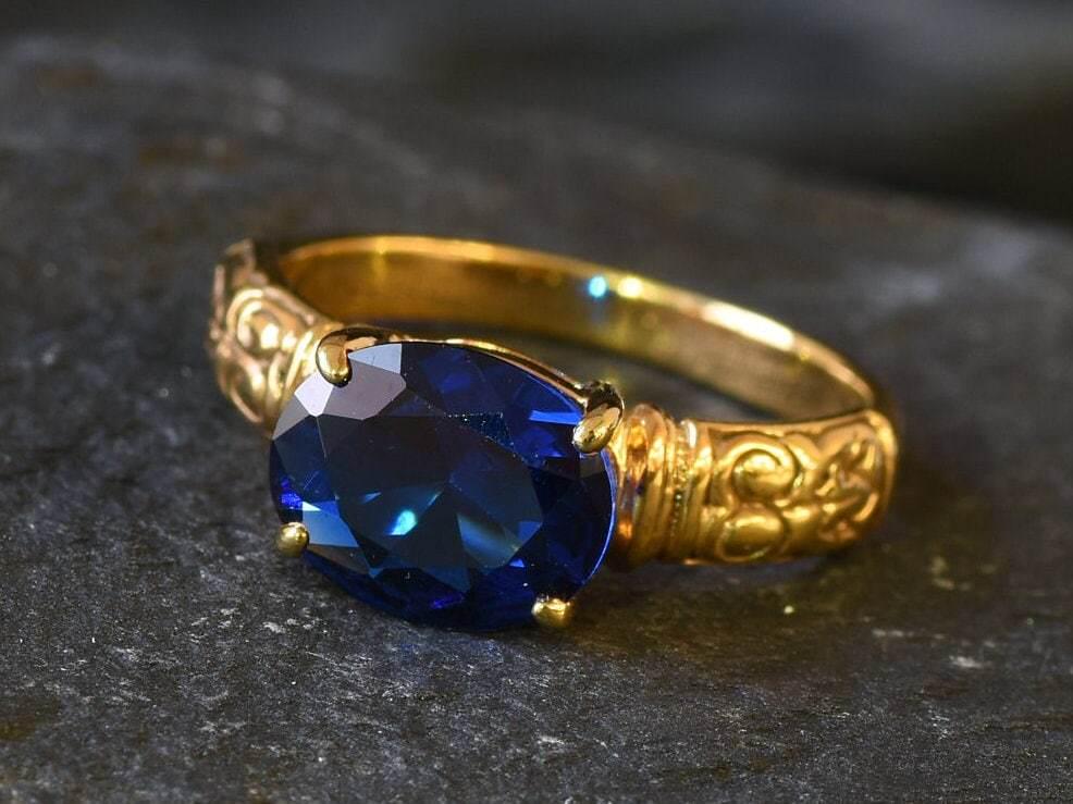 Bague Plaqué Or 18K Avec Cristaux Et Saphir Émail Bleu - Taille 57 - Occasion état Neuf