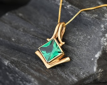 Gold Emerald Pendant, Created Emerald, Gold Square Pendant, Gold Vintage Pendant, Tribal Pendant, Unique Pendant, Emerald Necklace, Vermeil