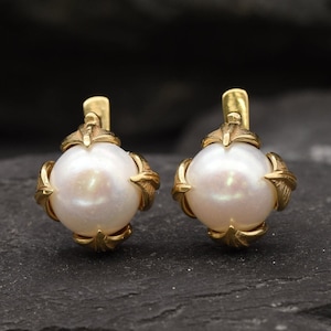 Gold Pearl Earrings, Natural Pearl, Leaf Earrings, Christmas Gift for Wife, White Pearl Studs, Gold Vermeil, Gift for Her, Large Pearl Studs