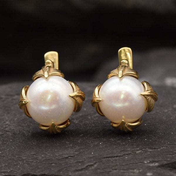 Gold Perle Ohrringe, natürliche Perle, Blatt Ohrringe, Weihnachtsgeschenk für Frau, weiße Perle Ohrstecker, Gold Vermeil, Geschenk für sie, große Perle Ohrstecker