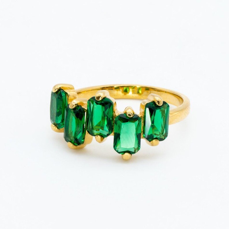 Gold Emerald Ring, Created Emerald, Emerald Ring, Gold Green Ring, Baguette Ring, Emerald Cut Ring, Half Eternity Band, Gold Vermeil Ring