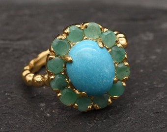 Gold Turquoise Ring, Victorian Ring, Natural Turquoise, Gold Flower Ring, Antique Ring, Turquoise Ring, 3 Carat Ring, Emerald Ring, Vermeil