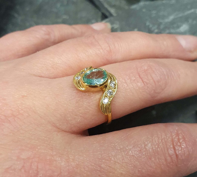 Gold Aquamarine Ring, Created Aquamarine, Blue Diamond Ring, Gold Vintage Ring, Aqua Gold Ring, Aquamarine Ring, Aqua Ring, 925 Silver Ring image 2