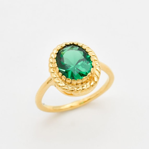 Gold Emerald Ring, Created Emerald, Antique Ring, Gold Plated Ring, Green Vintage Ring, Oval Ring, Gold Vermeil Ring, Green Emerald Ring