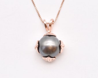 Collana di perle nere naturali, collana di foglie di perle, ciondolo di perle in oro rosa, collana con pietra portafortuna di giugno, collana vintage in oro, oro di Adina