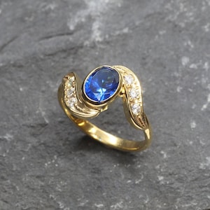Gold Sapphire Ring, Created Sapphire, Antique Ring, Royal Blue Ring, Gold Plated Ring, Blue Promise Ring, Engagement Ring, Vermeil Gold Ring