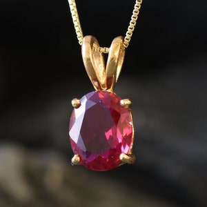 Gold Ruby Pendant, Created Ruby, Red Oval Pendant, Gold Plated Pendant, Ruby Necklace, Dainty Red Pendant, Anniversary Gift, Gold Vermeil
