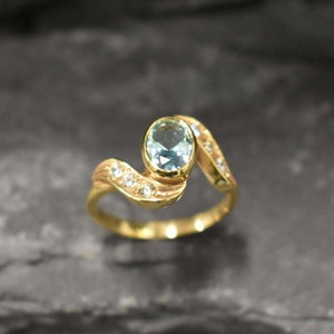 Gold Aquamarine Ring, Created Aquamarine, Blue Diamond Ring, Gold Vintage Ring, Aqua Gold Ring, Aquamarine Ring, Aqua Ring, 925 Silver Ring image 3