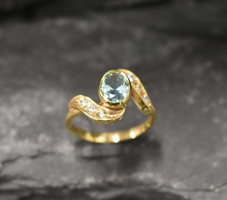 Gold Aquamarine Ring, Created Aquamarine, Blue Diamond Ring, Gold Vintage Ring, Aqua Gold Ring, Aquamarine Ring, Aqua Ring, 925 Silver Ring image 3