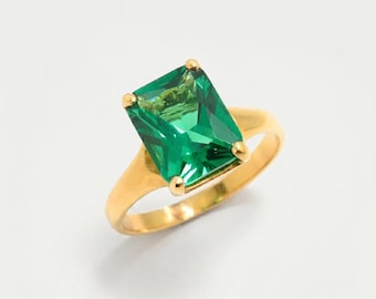 Gold Emerald Ring, Created Emerald, Antique Ring, Green Square Ring, Radiant Ring, Gold Vintage Ring, Gold Plated Ring, Gold Vermeil Ring