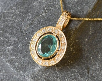 Gold Aqua Pendant, Created Aquamarine, Victorian Pendant, Gold Vintage Pendant, Blue Diamond Pendant, Victorian Necklace, 18K Gold Vermeil