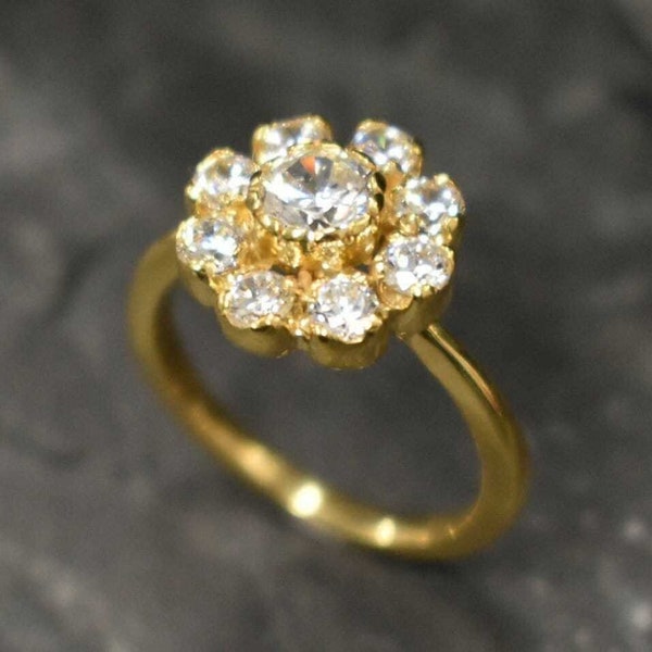 Gold Flower Ring, Diamond Ring, Created CZ Diamond, Gold Plated Ring, Proposal Ring, Sparkly Ring, Vintage Ring, Floral Ring, Vermeil Ring