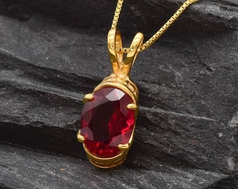 Gold Ruby Pendant, Created Ruby, Antique Necklace, Red Ruby Pendant, Vintage Pendant, Ruby Anniversary Gift, Dainty Pendant, Gold Vermeil