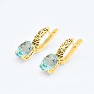Gold Aqua Ohrringe, Stammes Ohrringe, Aquamarin Ohrringe, erstellt Aquamarin, Hellblau Ohrringe, 18K Vermeil Ohrringe, Blaustein Ohrringe Bild 3