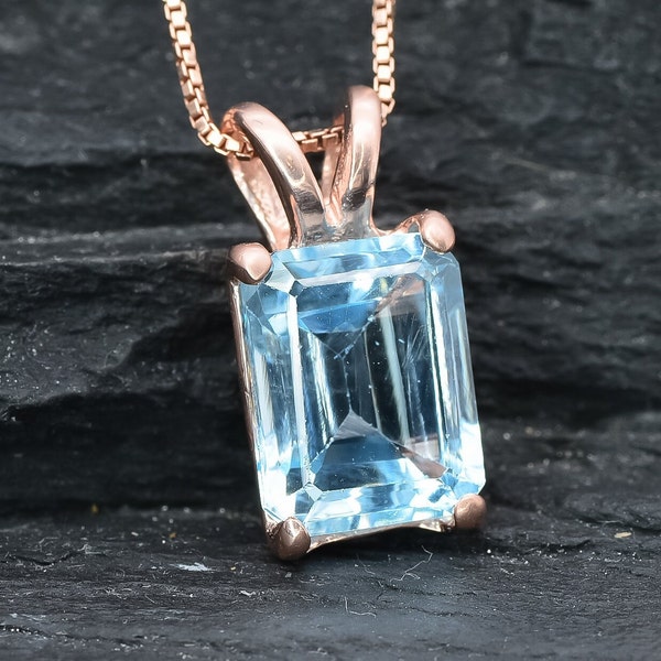 Blue Topaz Pendant, Emerald Cut Topaz Pendant, Rose Gold Necklace, Natural Blue Topaz, December Birthstone, Gold Blue Topaz Necklace, Topaz