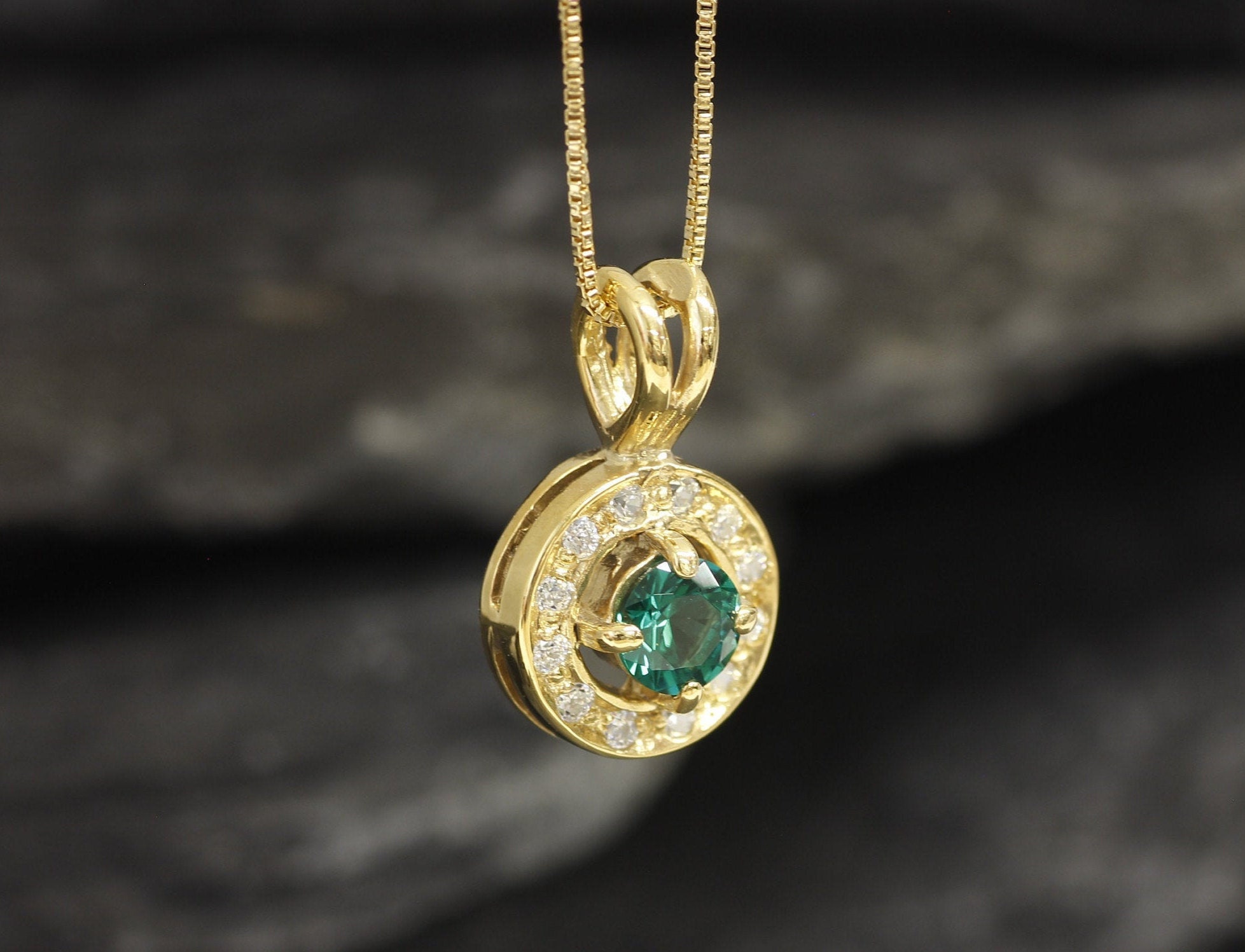 Gold Emerald Pendant Created Emerald Round Pendant Dainty | Etsy