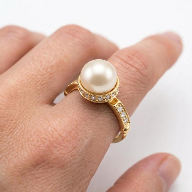 Gold Pearl Ring, Pearl Bridal Ring, Natural White Pearl, Pearl Engagement Ring, Gold Vermeil Ring, Vintage Pearl Ring, Gold Wedding Jewelry image 2