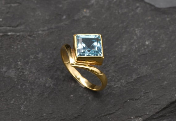 Gold Blue Topaz Ring Square Ring Natural Blue Topaz | Etsy