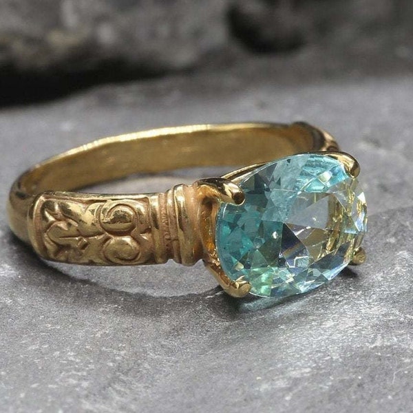 Gold Aquamarine Ring, Created Aquamarine, Horizontal Ring, Aquamarine Ring, Vintage Ring, Blue Diamond Ring, Gold Ring, Solid Silver Ring