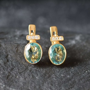 Gold Aqua Earrings, Created Aquamarine, Blue Vintage Earring, Blue Diamond Earring, Blue Gold Earrings, Gold Plated Earrings, Gold Vermeil