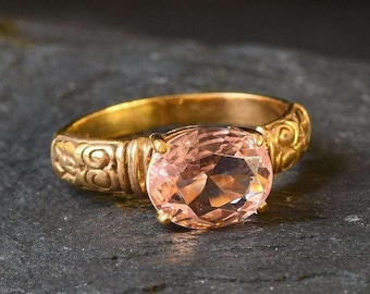 Gold Morganite Ring, Created Morganite, Gold Tribal Ring, Pink Diamond Ring, Tribal Ring, Vintage Ring, Morganite Ring, Gold Vermeil Ring