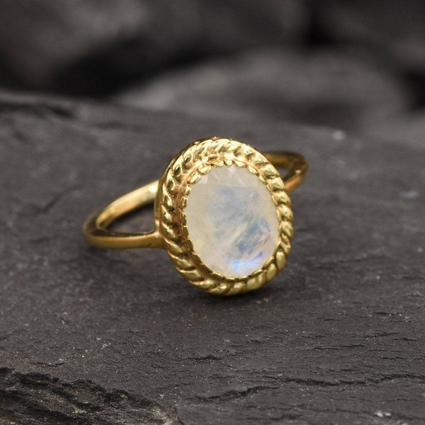 Gold Moonstone Ring, Natural Moonstone, June Birthstone, Gold Solitaire Ring, Promise Ring, Dainty Ring, Gold Plated Ring, Rainbow Moonstone