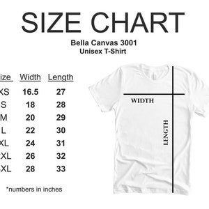 May include: Size chart for a Bella Canvas 3001 unisex t-shirt, showing width and length measurements in inches for sizes XS to 3XL.