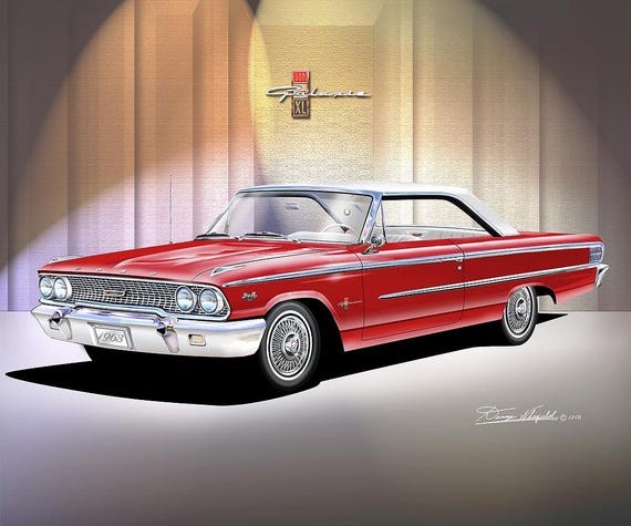 1963 Ford Galaxie 500 XL Art Print, Classic Red Car Illustration