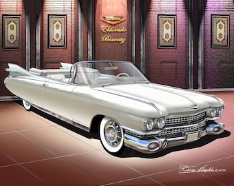 May include: A white 1959 Cadillac Eldorado Biarritz convertible. The classic car features chrome detailing, white wall tyres, and a detailed front grille. The image includes the text "Eldorado Biarritz" and the year "1959".