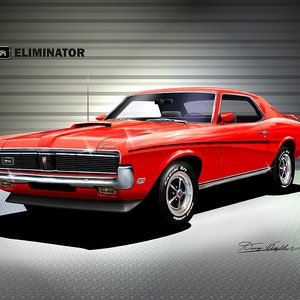 1969 Mercury Cougar art prints By Danny Whitfield Comes in 9 different exterior color Car Enthusiast Wall Art BRIGHT RED