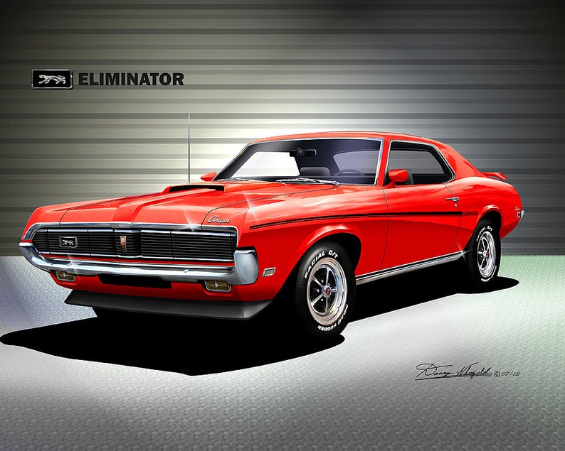 1969 Mercury Cougar art prints By Danny Whitfield Comes in 9 different exterior color Car Enthusiast Wall Art BRIGHT RED