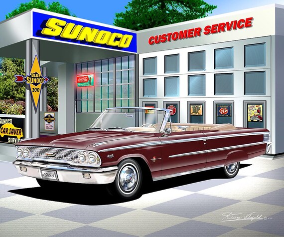 Vintage Sunoco Gas Station Art Print: Classic Car Enthusiast Wall