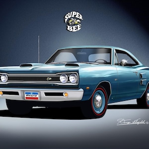 1969 Super Bee Art Prints By Danny Whitfield  | Comes in 8 different exterior colors | car poster wall art vintage prints